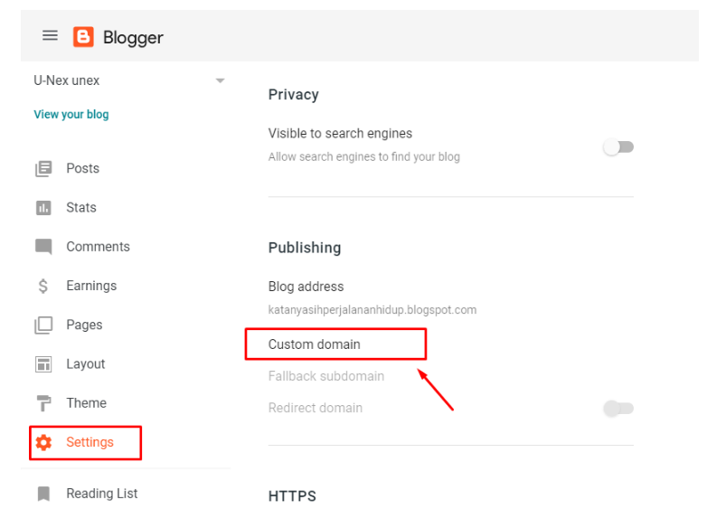 Menu Custom Domain di Blogger
