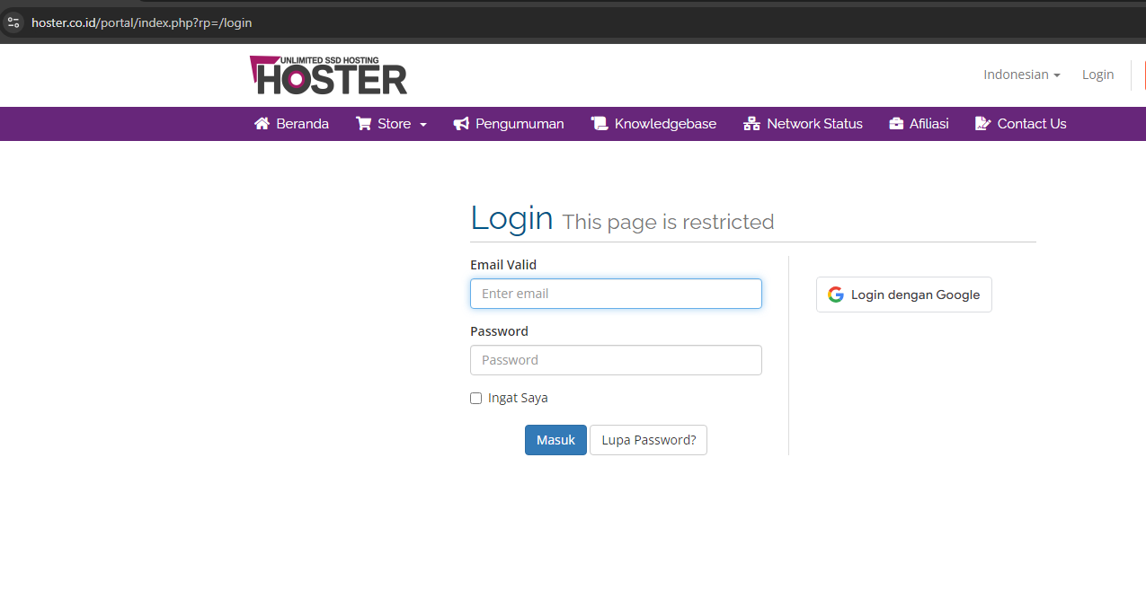 Halaman login Client Area