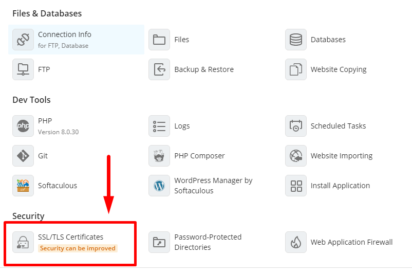 Menu SSL/TLS Plesk