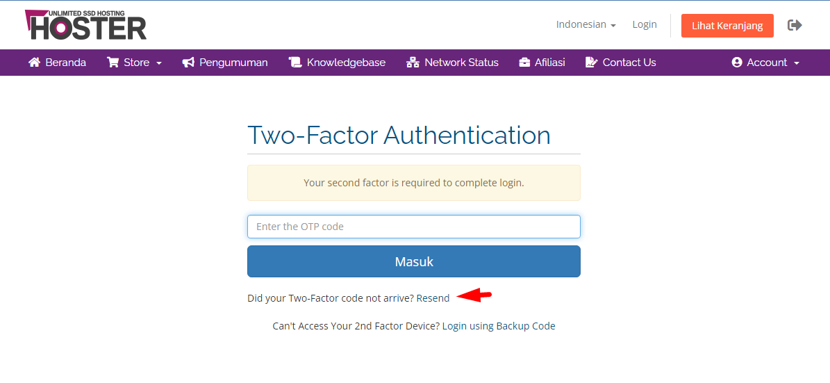 Permintaan kode 2FA saat login