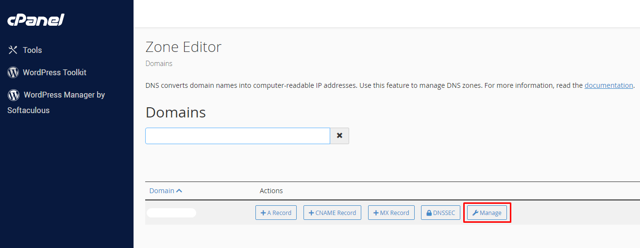 Pilih domain dan klik Manage