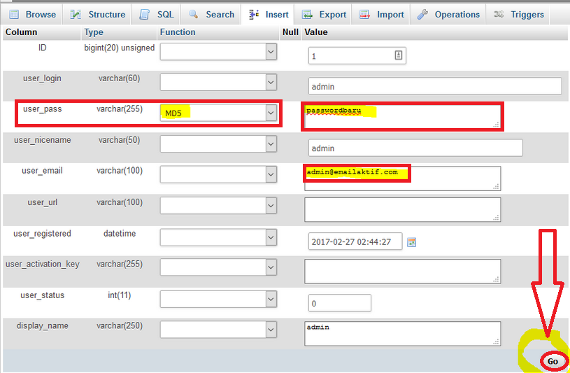 Mengganti password dan memilih MD5 di phpMyAdmin
