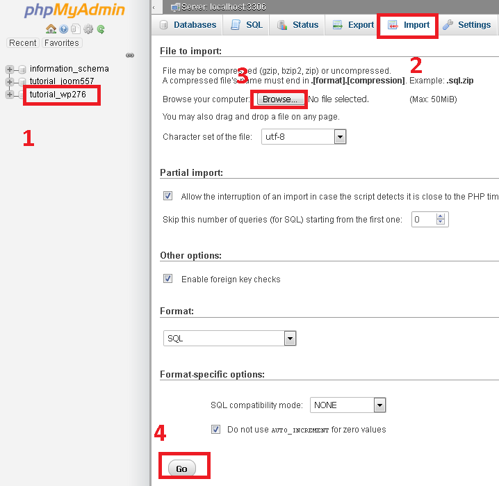 Memilih database di phpMyAdmin