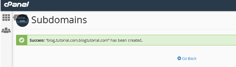 Pesan sukses setelah subdomain berhasil dibuat